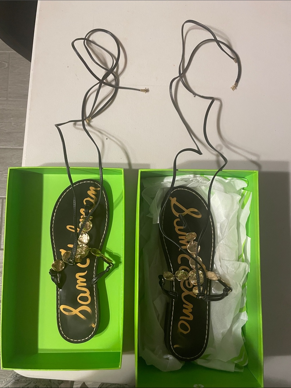 Sam Edelman Black Lace-Up Sandals with Gold Gems